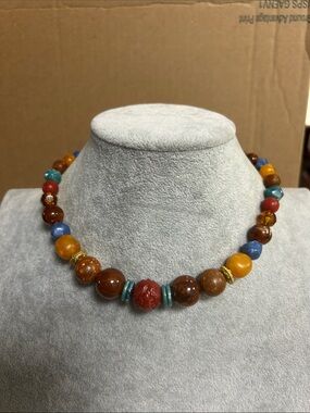 Multicolor Beaded Statement Necklace - Red, Amber, Blue & Teal marked LCi